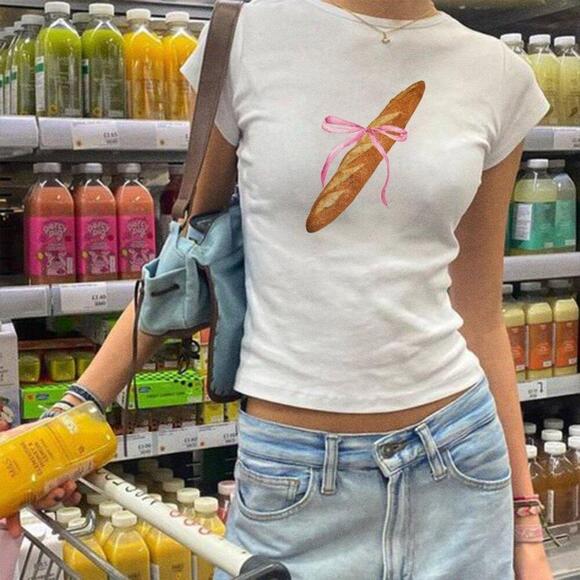 Other - Coquette Bread With Ribbon Bow Y2K Aesthetic Top French Barquette Baby Tee